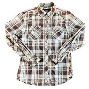 Buckle Black Tailored Fit Mens Large Brown Plaid Pearl Snap Western Shirt Rodeo